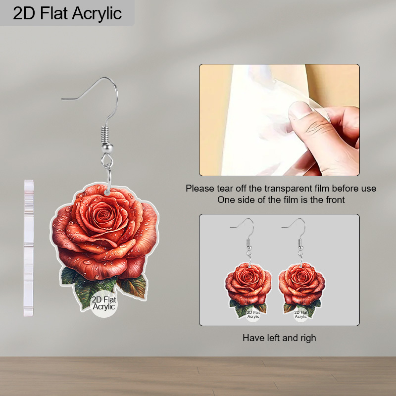 Valentine's Day Rose Flower Pattern Dangle Earrings, Gift for Women